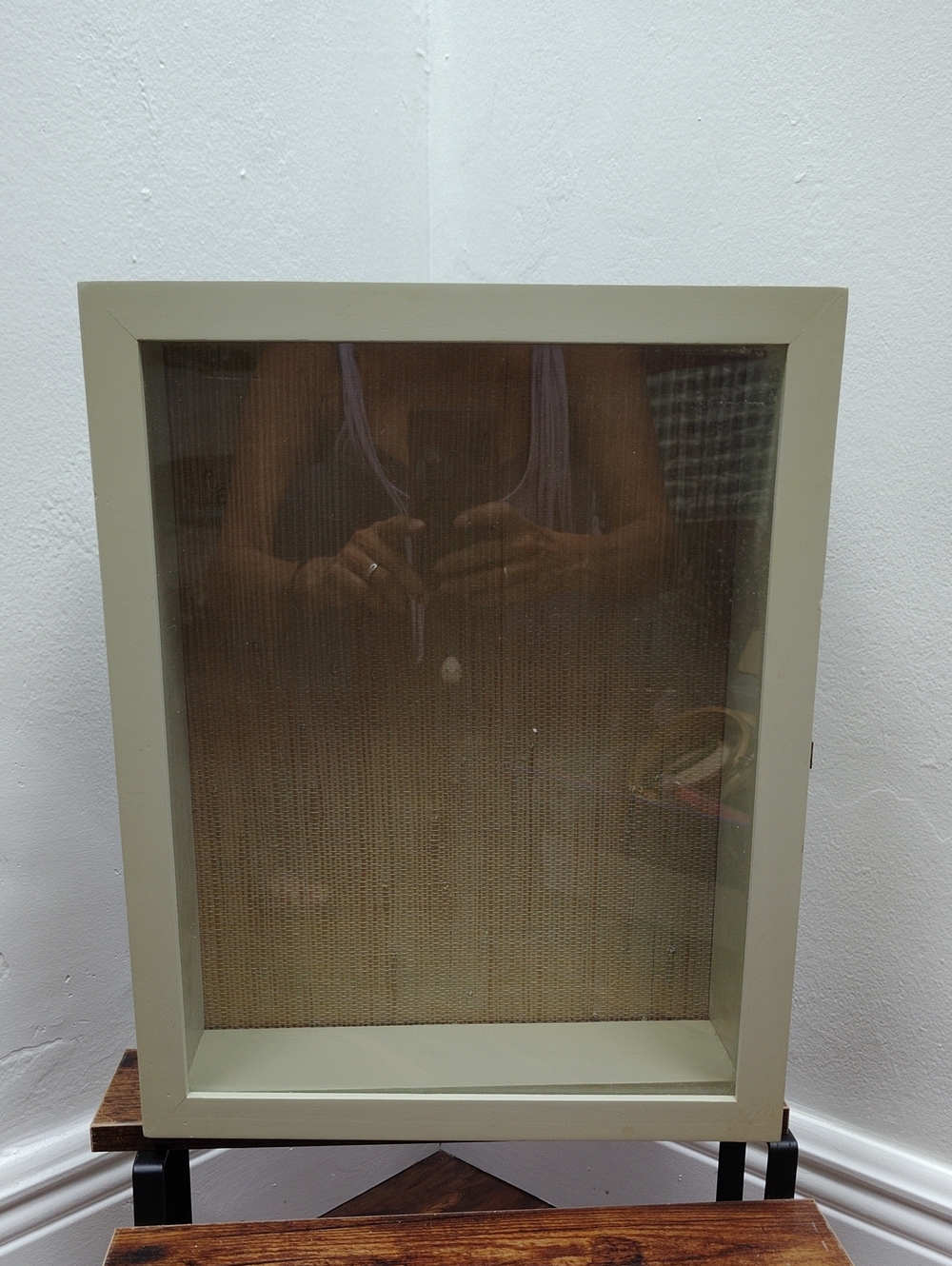 Neutral Green Cream Wall Display Shadow Box, Jewelry Display Glass Door 12"X15"